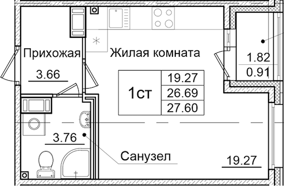 Квартира студия 27.6 м², 3/9 эт., ЖК «Квартал Заречье»
